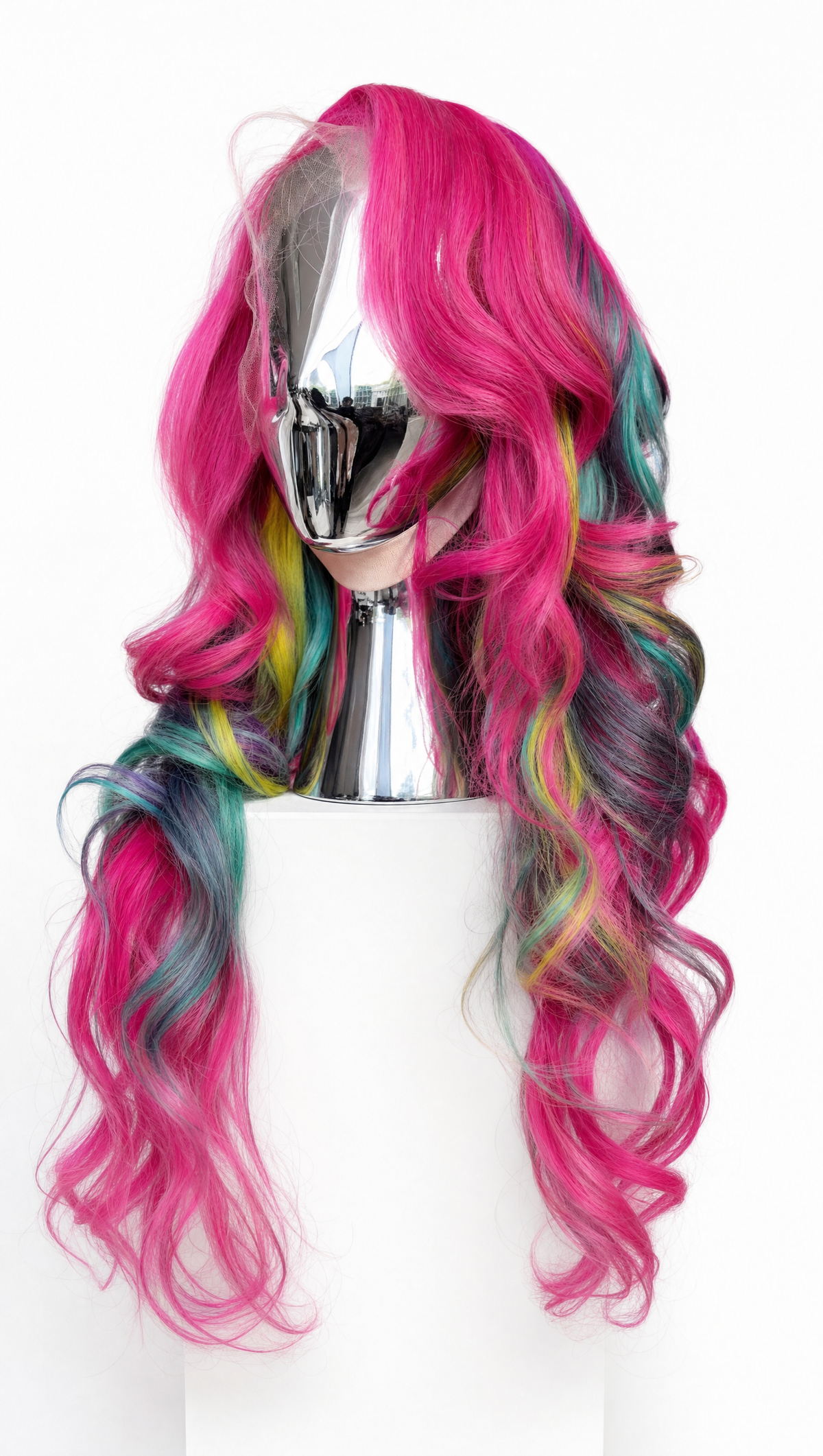 Hot pink rainbow peekaboo frontal wig, three-quarter view