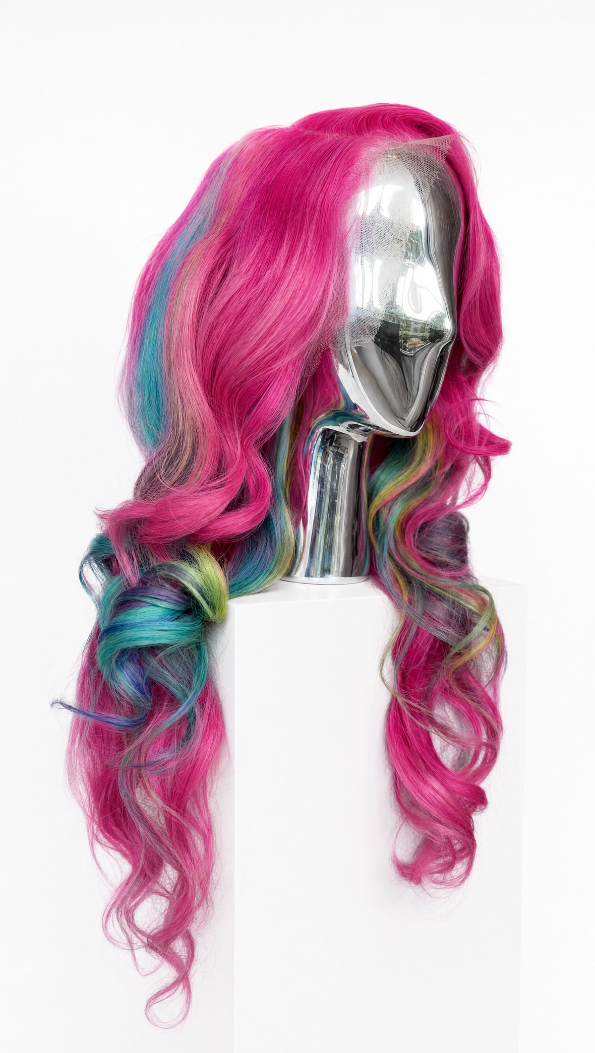 Hot pink rainbow peekaboo frontal wig, side view showing rainbow panels